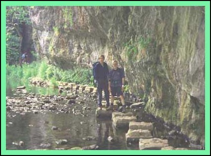 Larry and Mick on stepping stones. The water is very low.